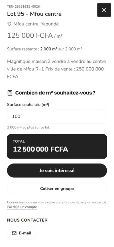 Application WBG Immo : surface souhaitée, total calculé, boutons Je suis intéressé et Cotiser en groupe